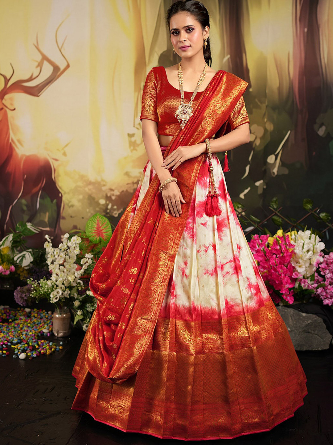 

HALFSAREE STUDIO Woven Design Semi-Stitched Lehenga & Unstitched Blouse With Dupatta, Maroon