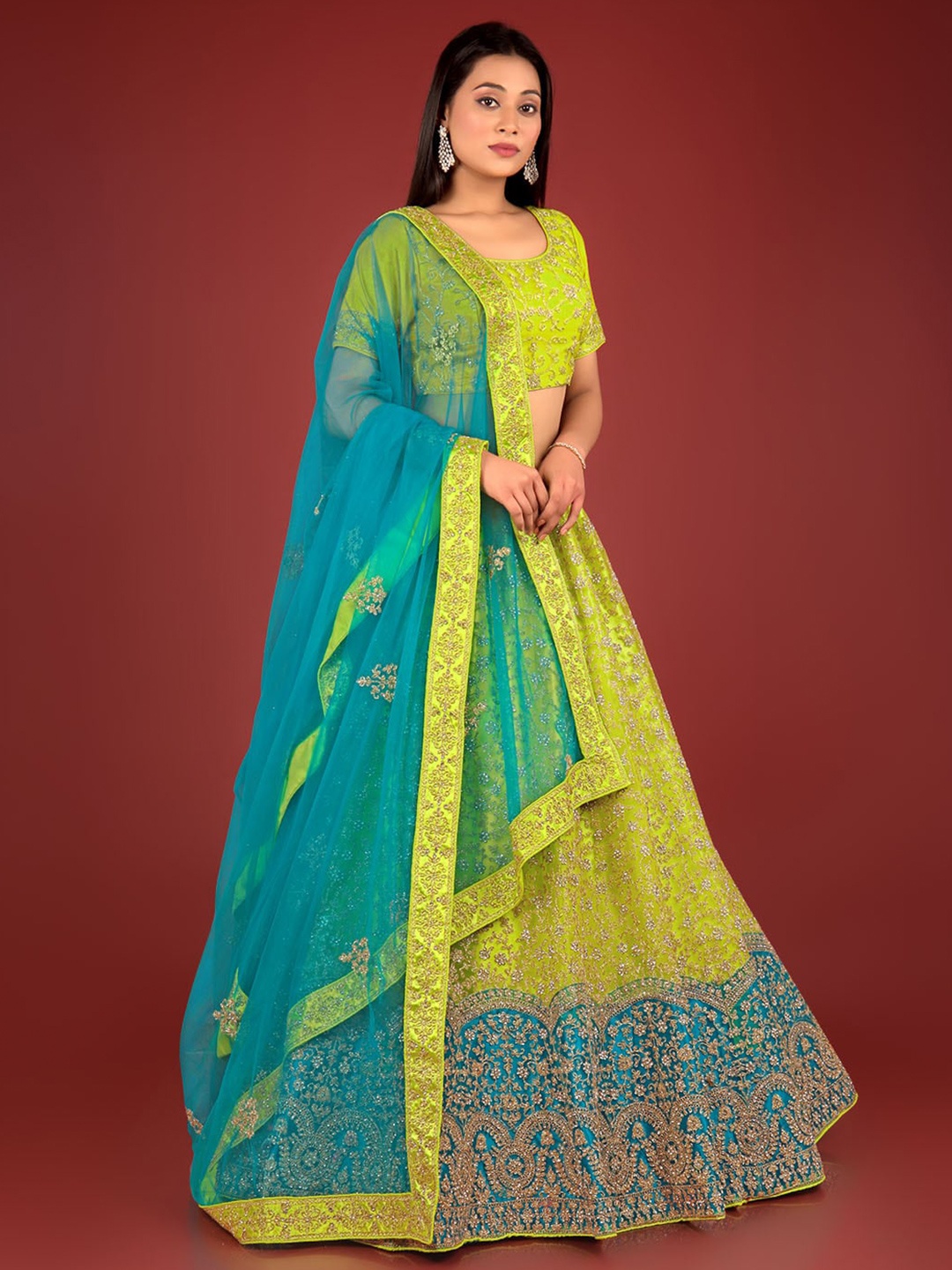 

HALFSAREE STUDIO Embroidered Semi-Stitched Lehenga & Unstitched Blouse With Dupatta, Lime green