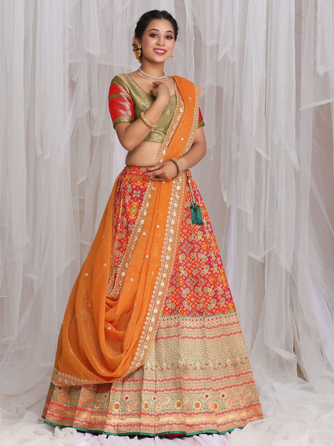 

HALFSAREE STUDIO Woven Design Zari Semi-Stitched Lehenga & Unstitched Blouse With Dupatta, Red