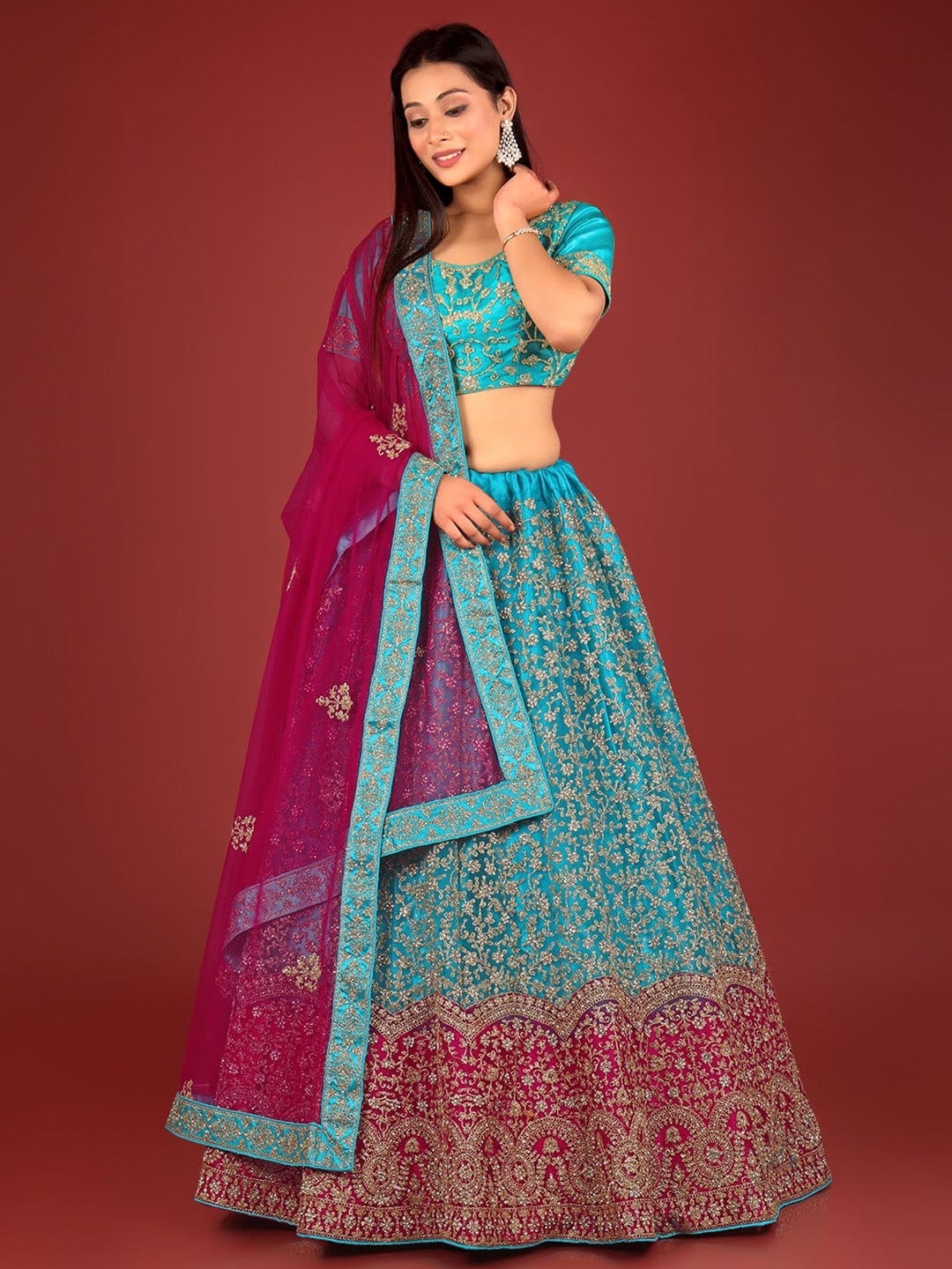 

HALFSAREE STUDIO Embroidered Semi-Stitched Lehenga & Unstitched Blouse With Dupatta, Turquoise blue
