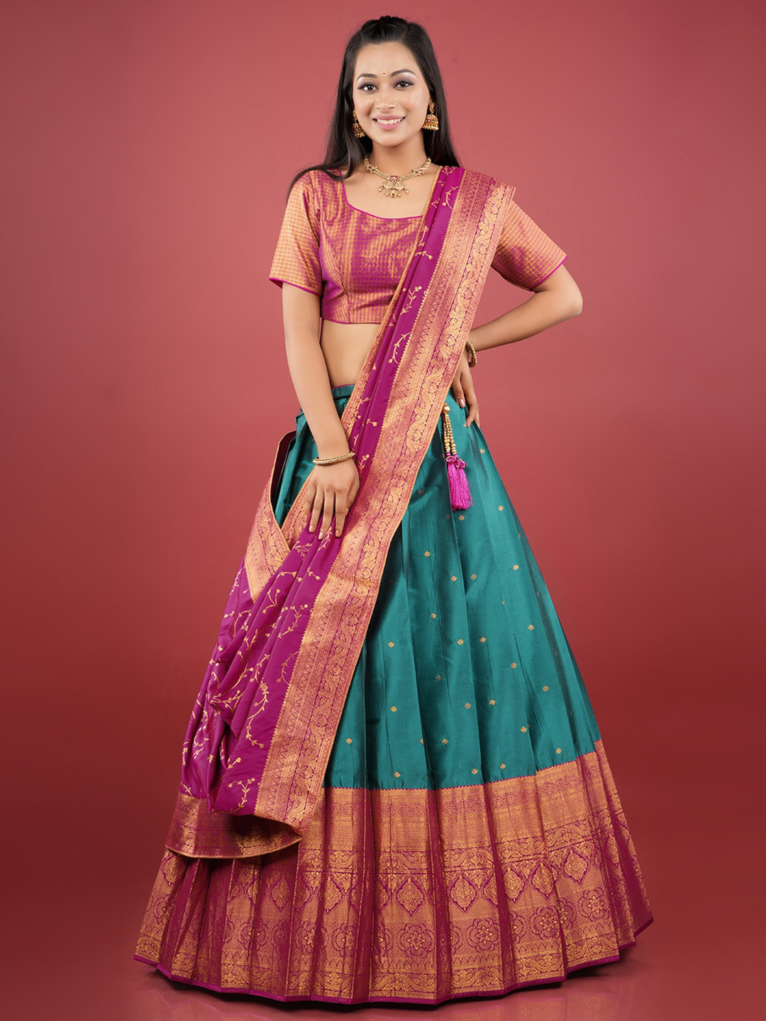 

HALFSAREE STUDIO Woven Design Semi-Stitched Lehenga & Unstitched Blouse With Dupatta, Green