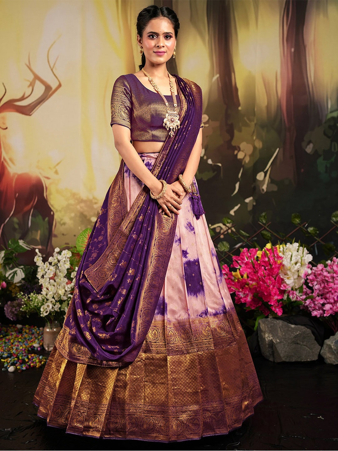 

HALFSAREE STUDIO Woven Design Semi-Stitched Lehenga & Unstitched Blouse With Dupatta, Burgundy
