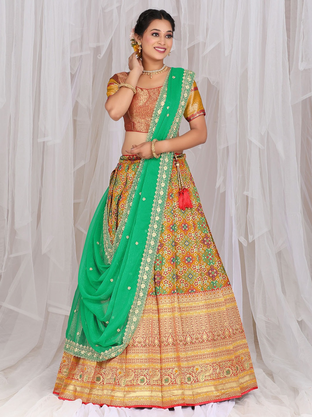 

HALFSAREE STUDIO Banarasi Jacquard Semi-Stitched Lehenga & Unstitched Blouse With Dupatta, Mustard