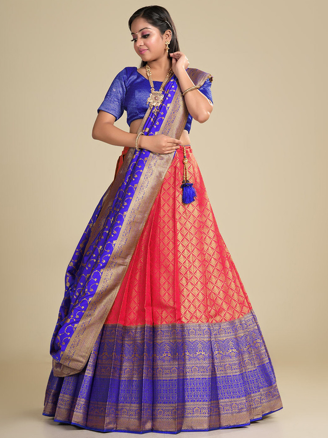 

HALFSAREE STUDIO Woven Design Semi-Stitched Lehenga & Unstitched Blouse With Dupatta, Pink