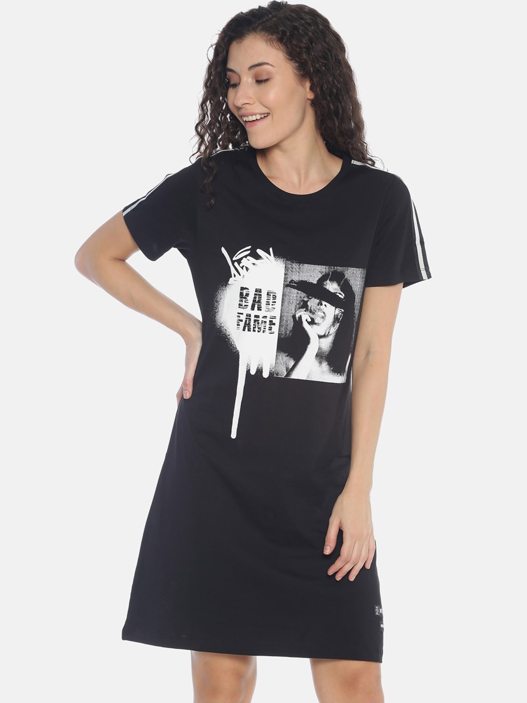 

KULTPRIT Graphic Printed Pure Cotton T-shirt Dress, Black