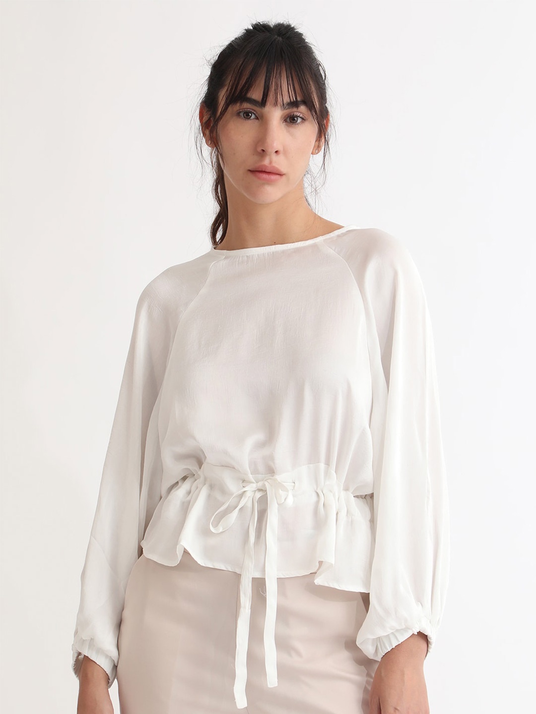 

RAREISM Raglan Sleeves Relaxed Cinched Waist Top, White