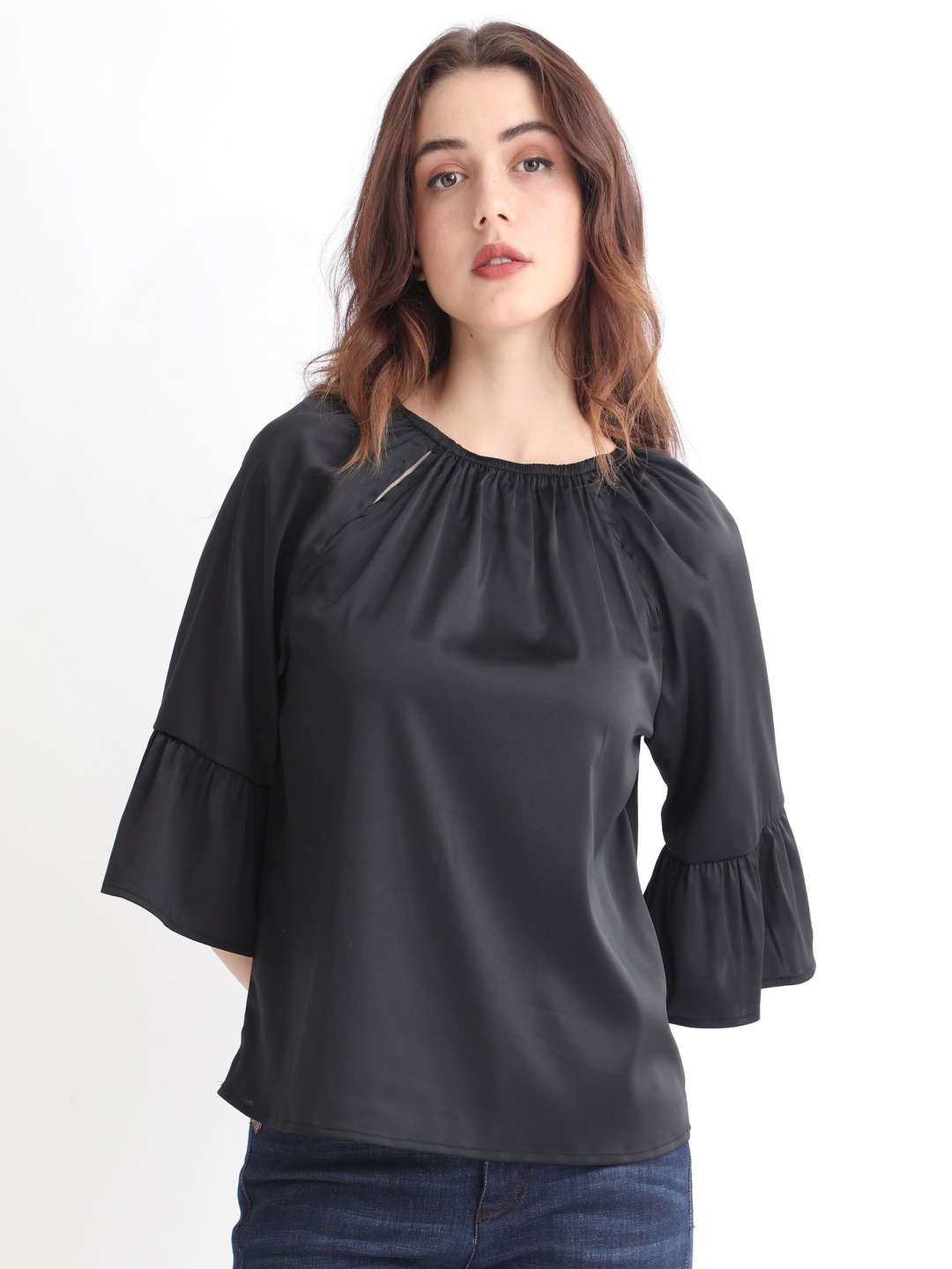 

RAREISM Bell Sleeves Cut Outs Detail Cotton Top, Black