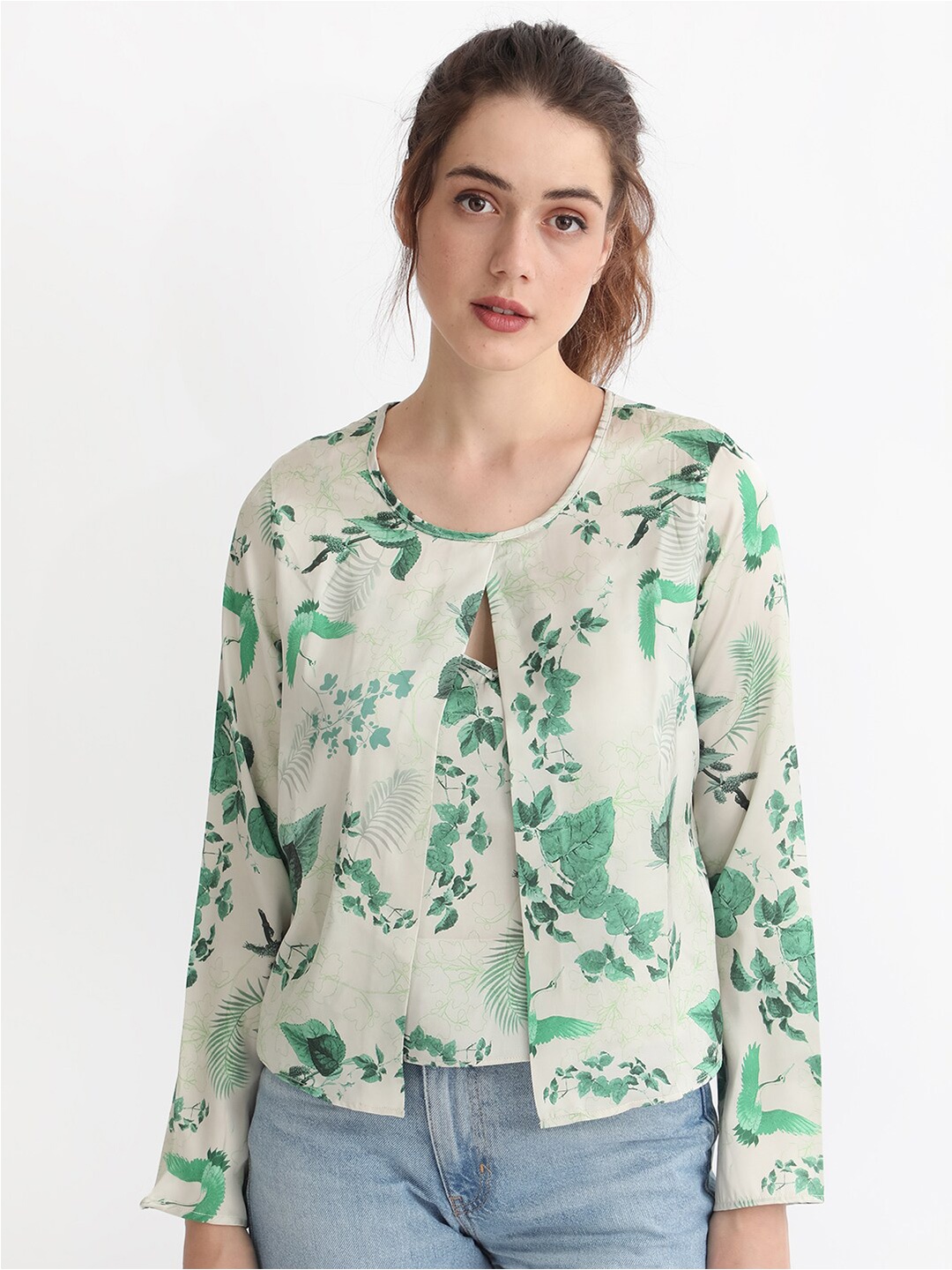 

RAREISM Floral Printed Top With Shrug, Off white