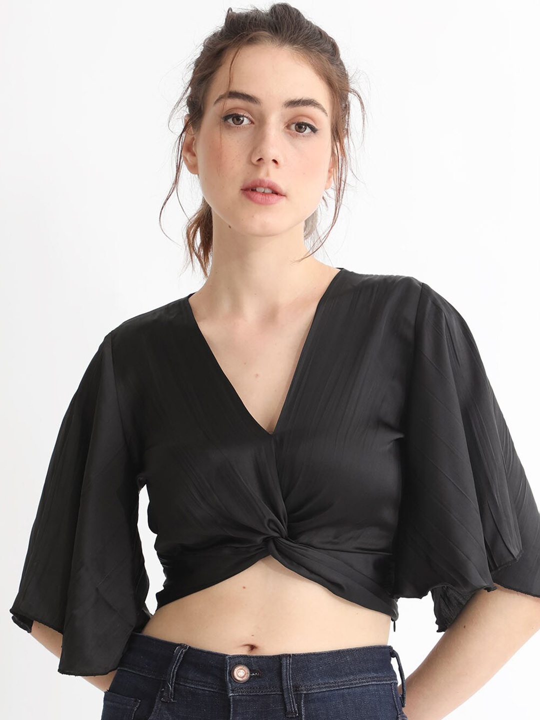 

RAREISM V-Neck Flared Sleeve Cotton Crop Top, Black