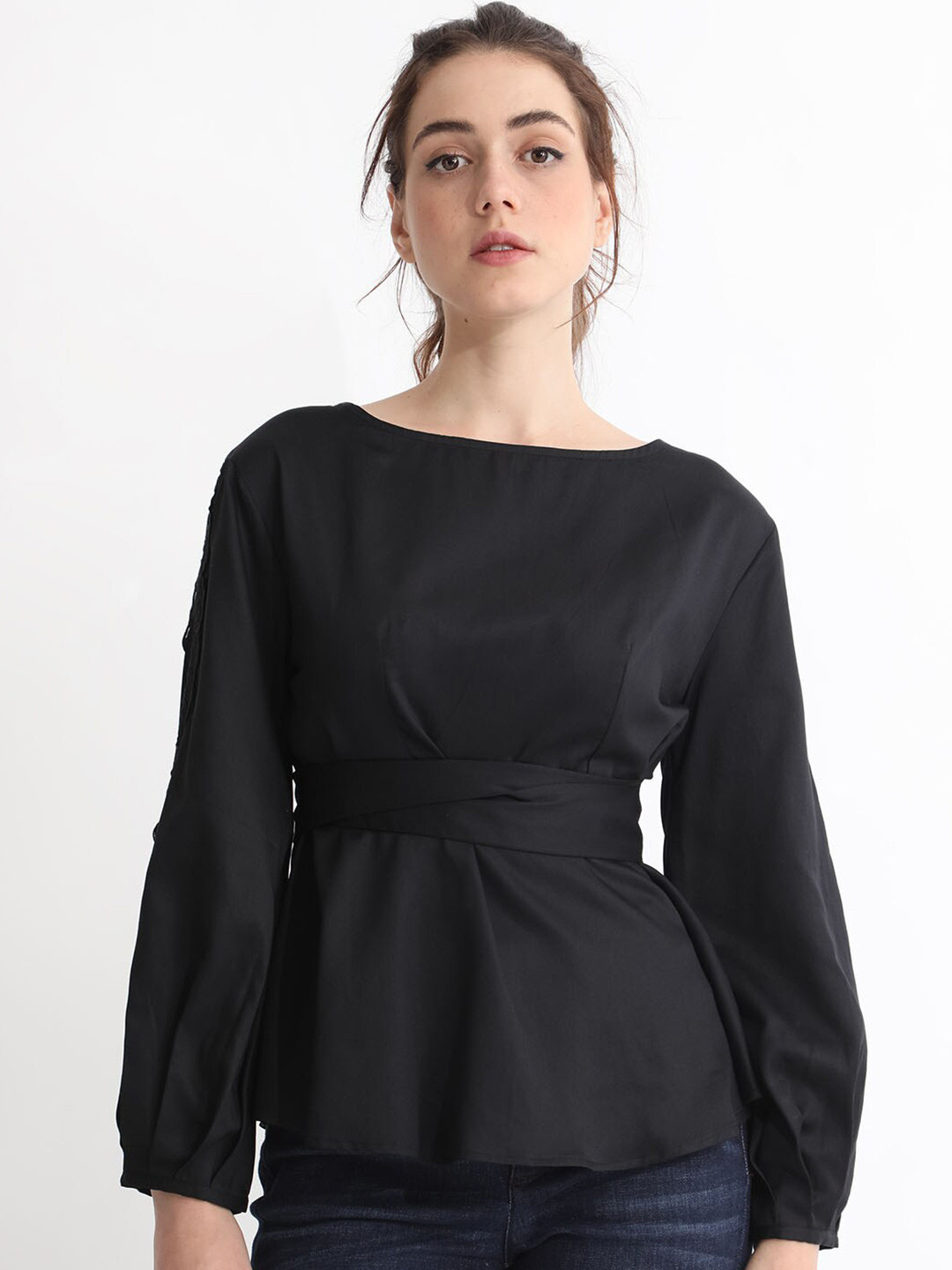 

RAREISM Puff Sleeved Cotton Cinched Waist Top, Black
