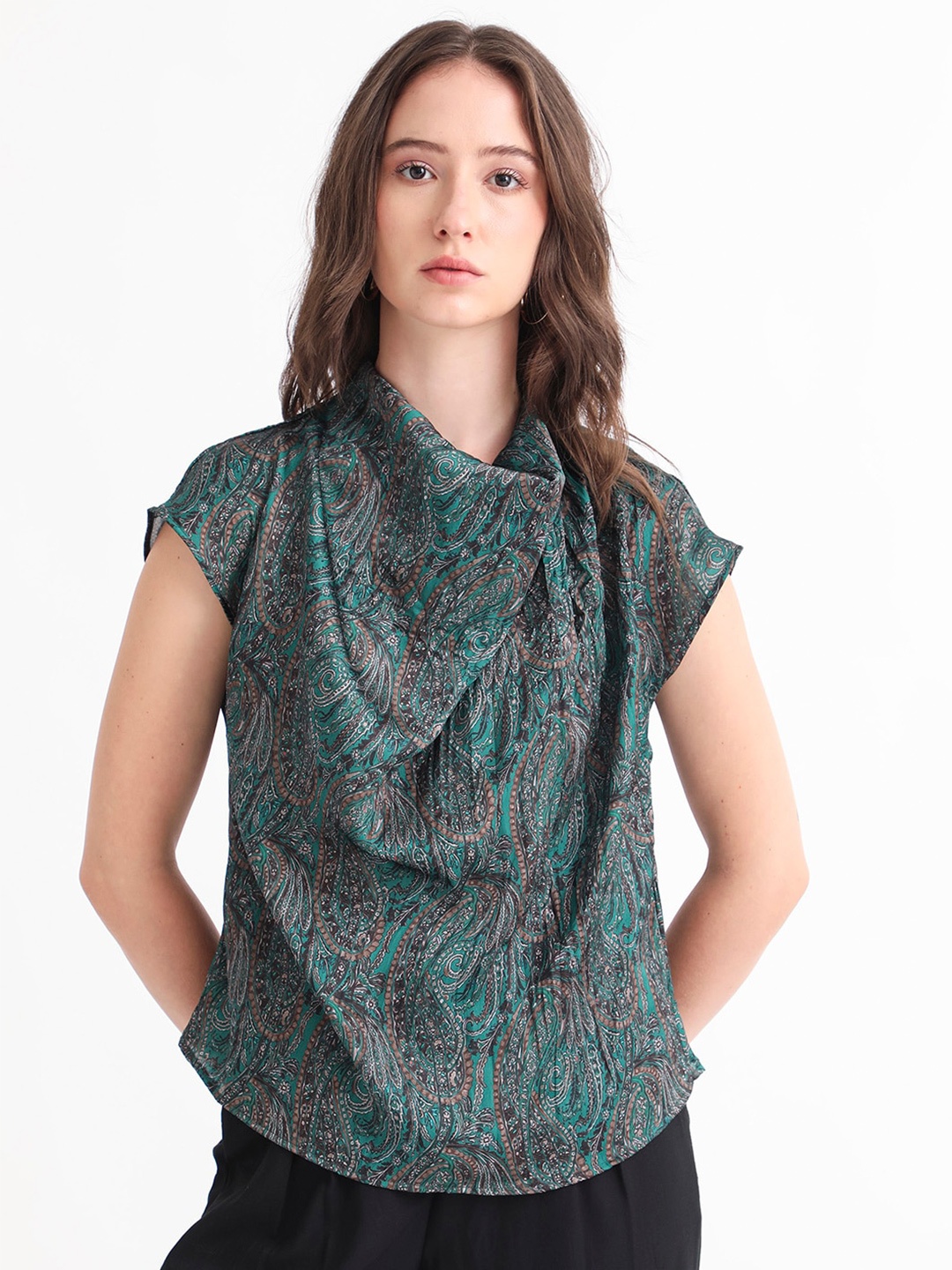 

RAREISM Paisley Print Extended Sleeves Cotton Top, Green