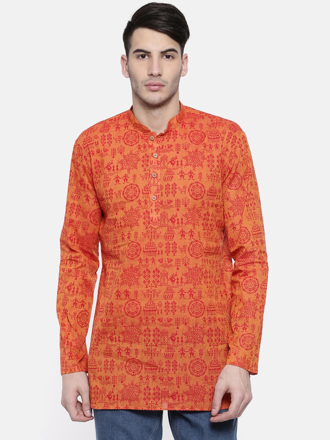 

RG DESIGNERS Men Orange Printed Straight Kurta