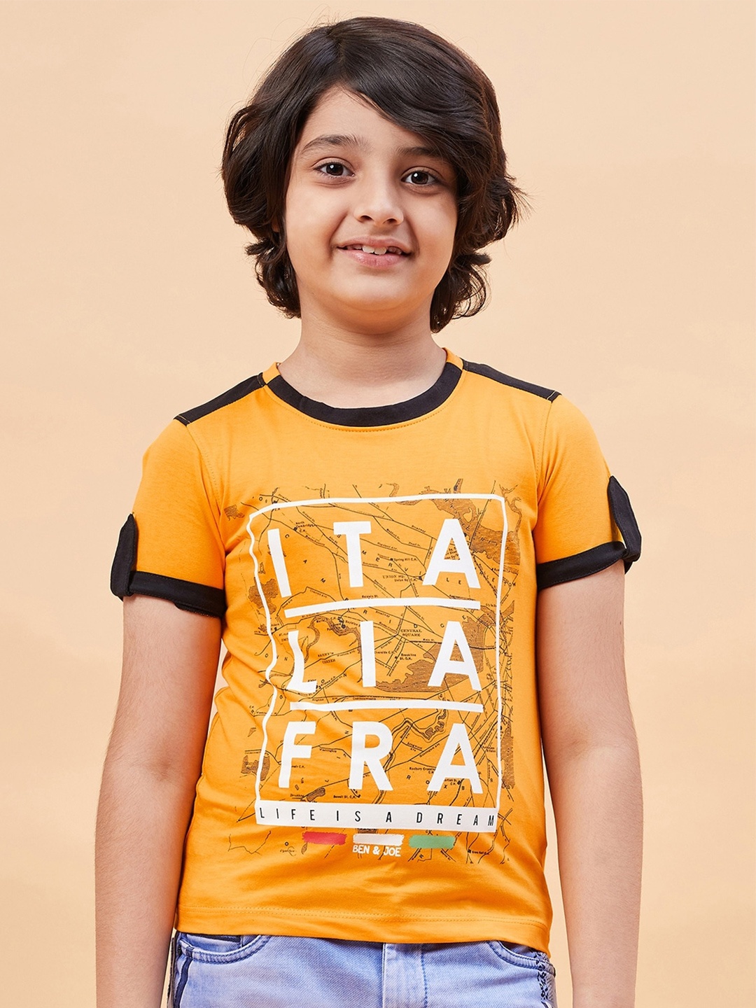 

Ben & Joe Boys Typography Printed Round Neck Pure Cotton T-shirt, Mustard