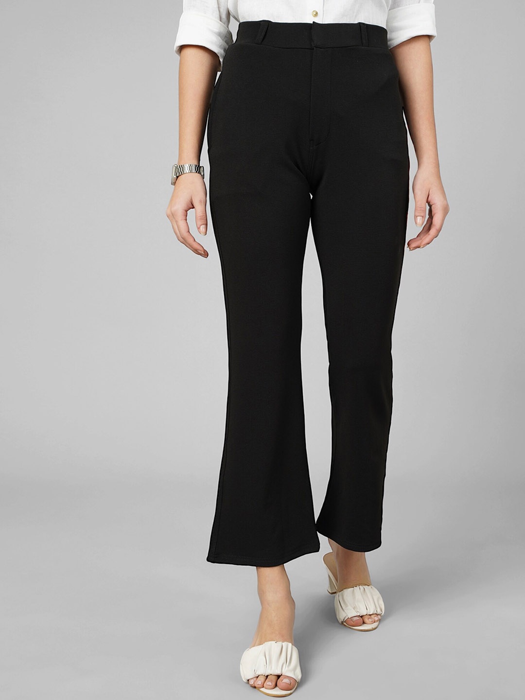 

FITHUB Women Relaxed Flared High-Rise Easy Wash Bootcut Trousers, Black