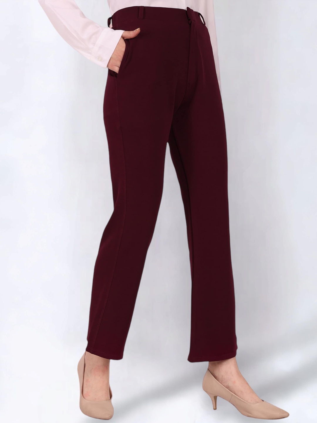 

FITHUB Women Relaxed Flared High-Rise Easy Wash Bootcut Trousers, Maroon