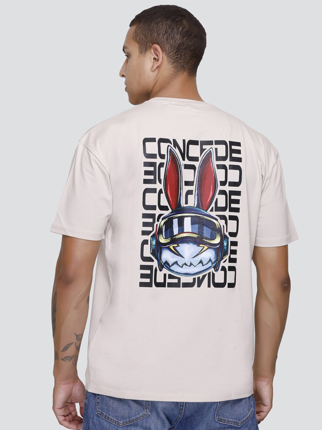 

Concede Graphic Printed Drop-Shoulder Sleeves Oversized Cotton T-shirt, Grey melange