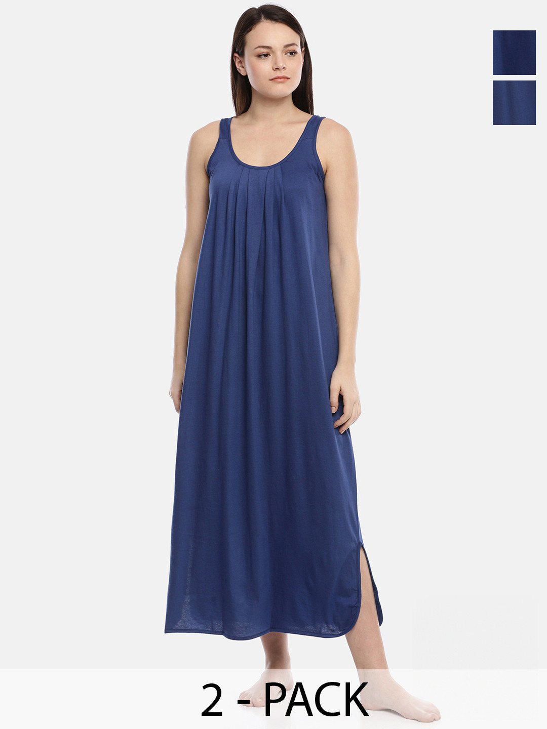 

GOLDSTROMS Pack Of 2 Scoop Neck Shoulder Straps Pure Cotton Midi Nightdress, Blue