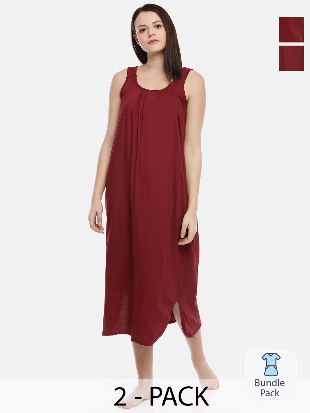 

GOLDSTROMS Pack Of 2 Sleeveless Pure Cotton Midi Nightdress, Maroon