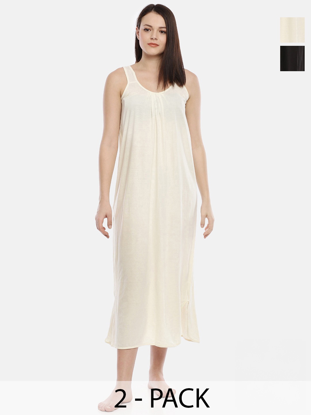 

GOLDSTROMS Pack Of 2 Scoop Neck Shoulder Straps Pure Cotton Midi Nightdress, Off white