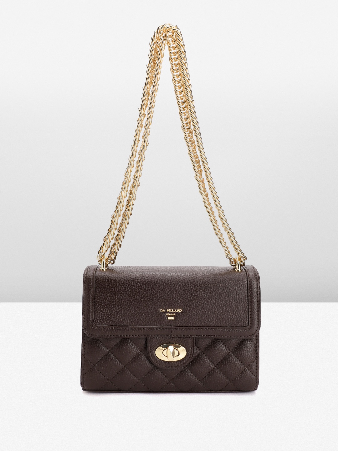 

Da Milano Leather Structured Shoulder Bag with Quilted Detail, Coffee brown