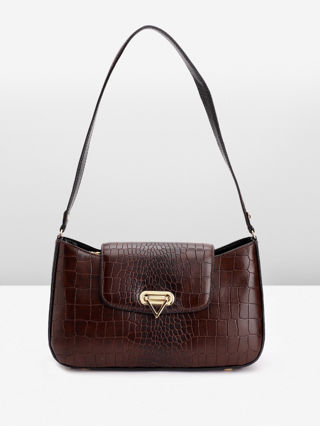 

Da Milano Croc-Textured Leather Structured Shoulder Bag, Coffee brown