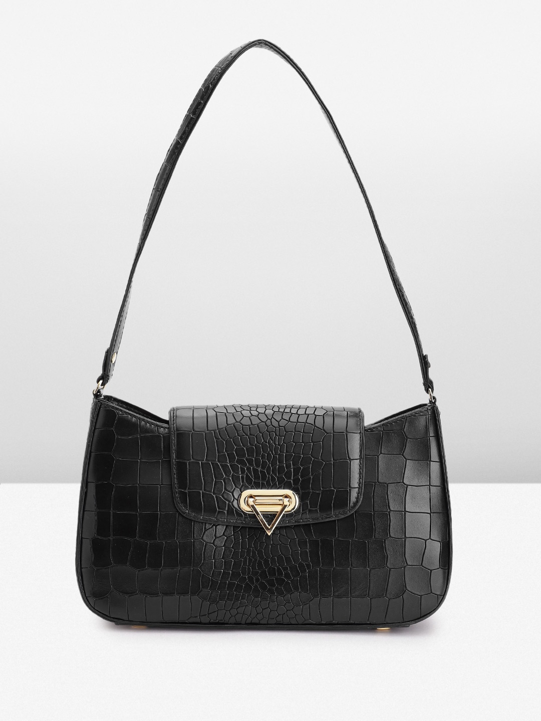 

Da Milano Croc-Textured Leather Structured Shoulder Bag, Black