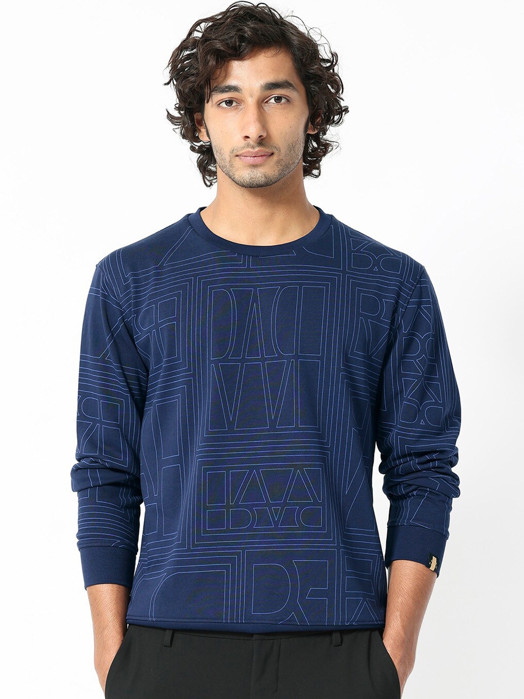 

RARE RABBIT Men Ensign Geometric Printed Sweatshirt, Navy blue