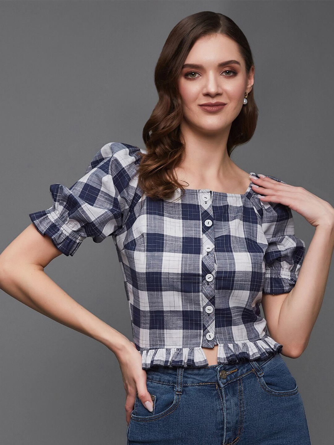 

BAESD Checked Square Neck Puff Sleeve Georgette Crop Top, Navy blue