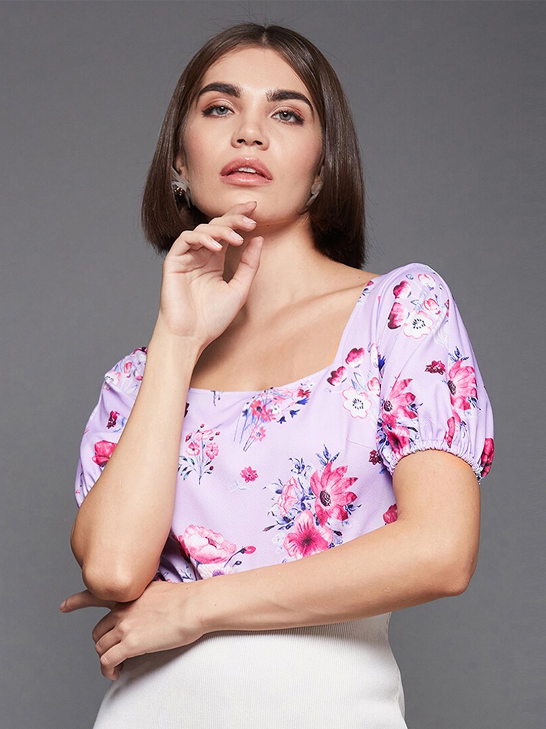 

BAESD Floral Printed Square Neck Puff Sleeve Georgette Top, Lavender