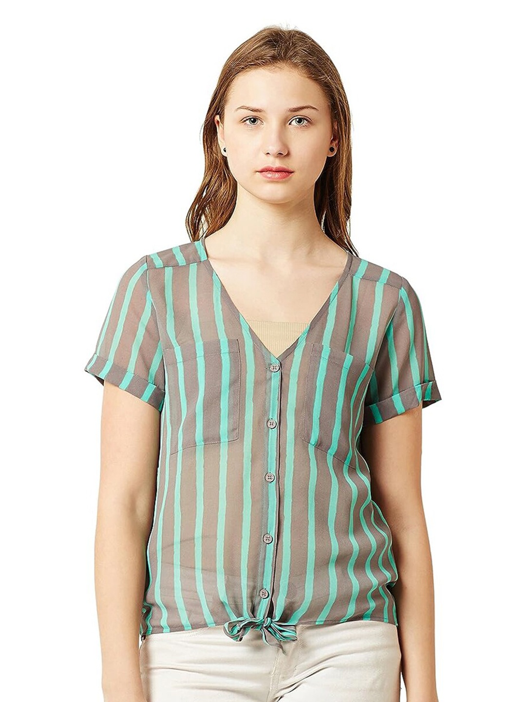 

BAESD Vertical Striped V-Neck Semi Sheer Georgette Top, Grey