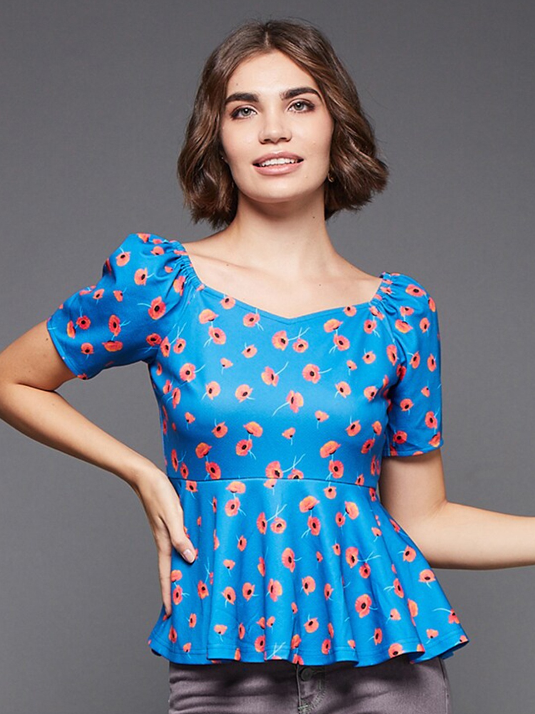 

BAESD Floral Printed Puff Sleeve Peplum Top, Blue