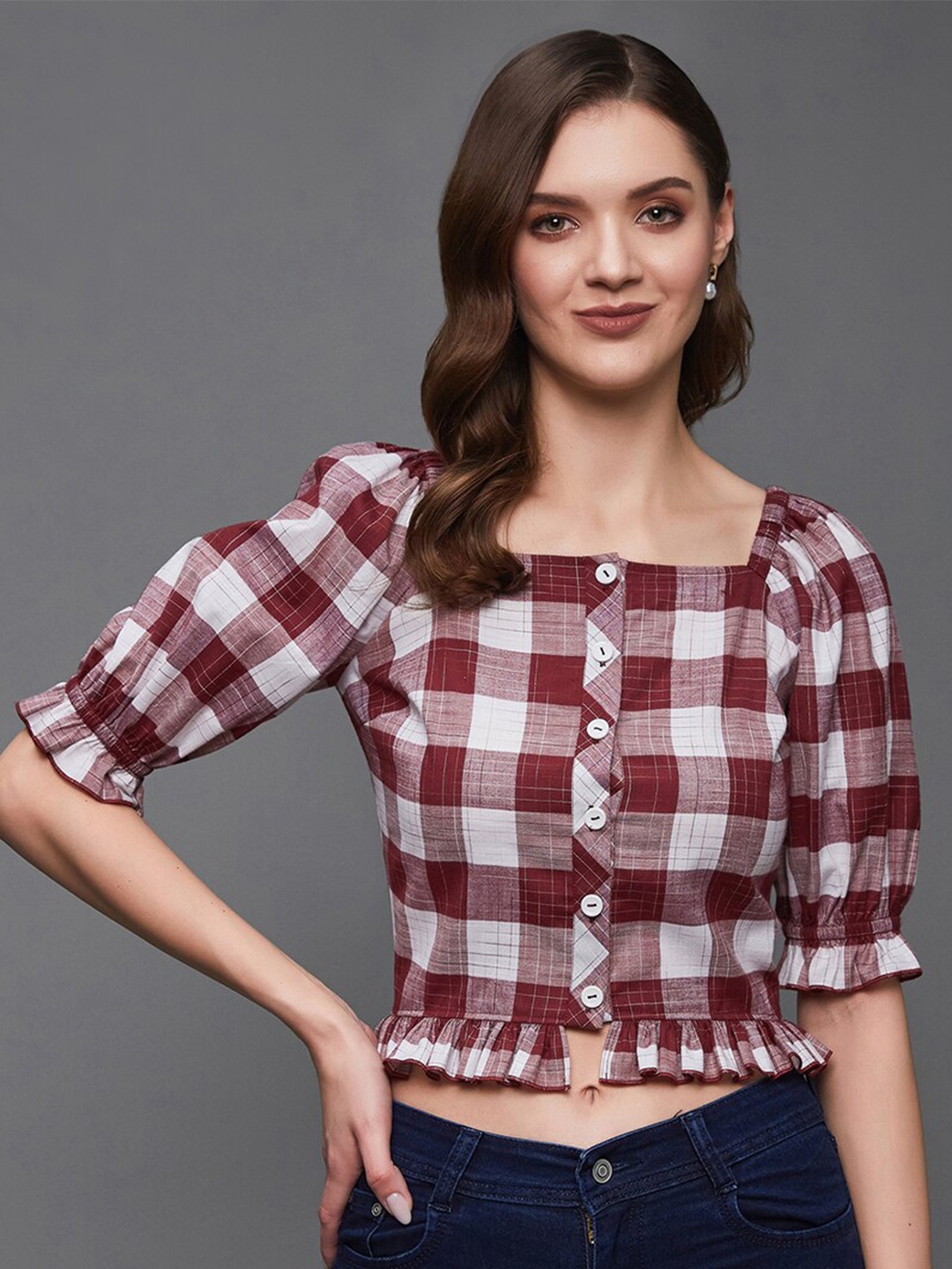 

BAESD Checked Puff Sleeve Crop Top, Maroon