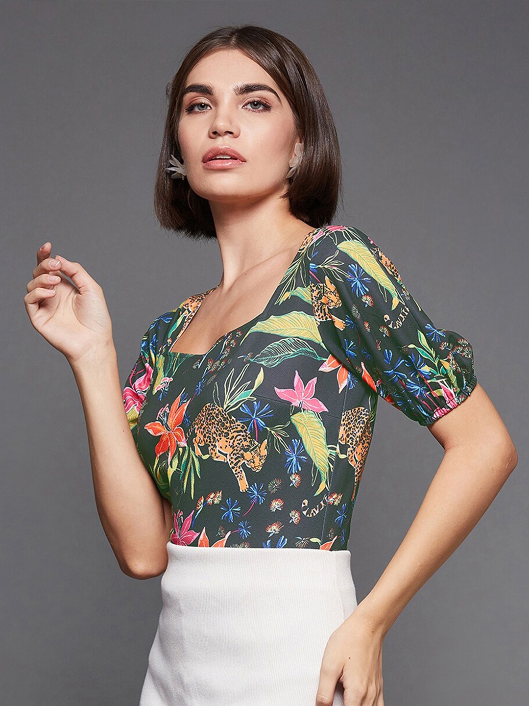 

BAESD Floral Printed Puff Sleeve Top, Green