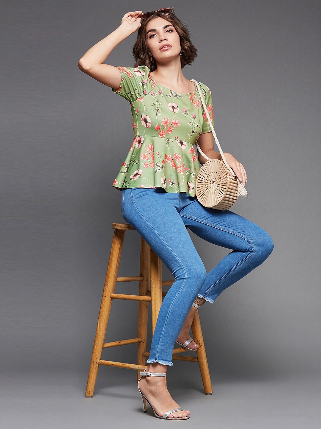

BAESD Floral Printed Puff Sleeve Peplum Top, Green