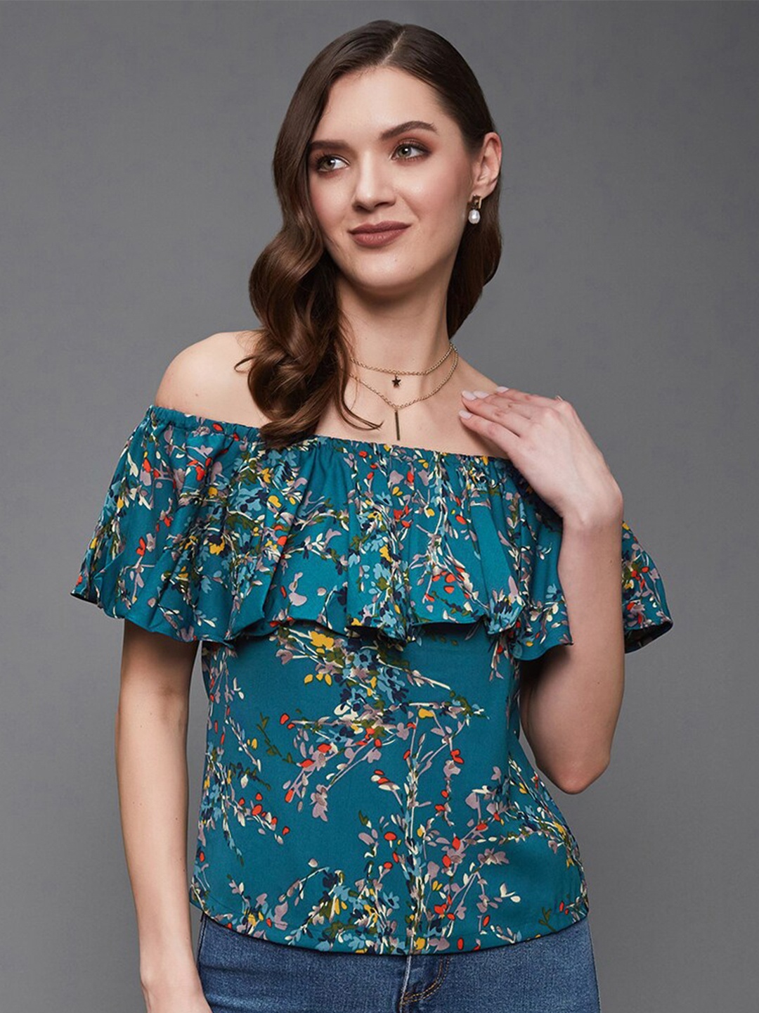 

BAESD Floral Printed Off-Shoulder Bardot Top, Turquoise blue