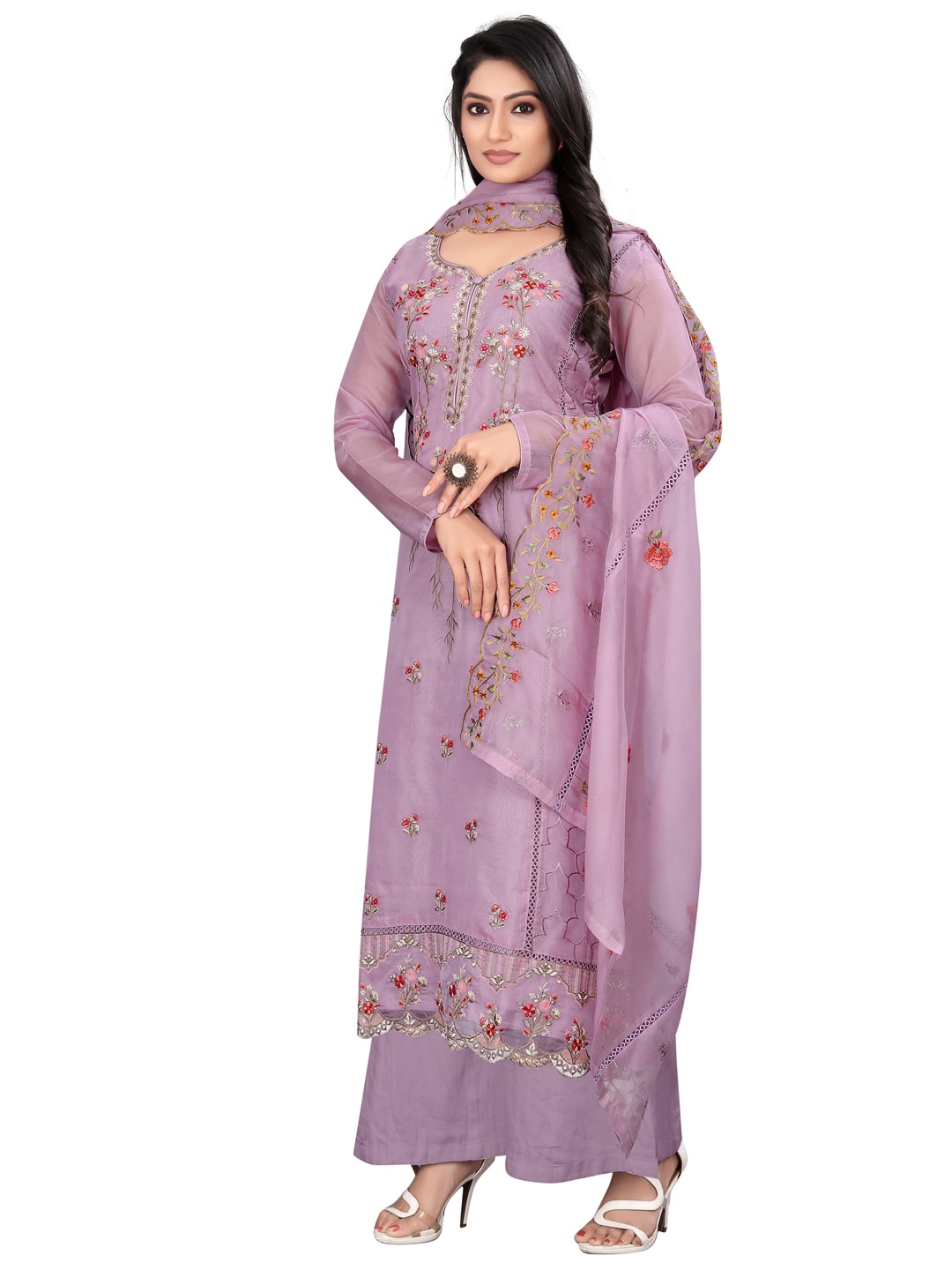 

Stylee LIFESTYLE Floral Embroidered Organza Unstitched Dress Material, Mauve