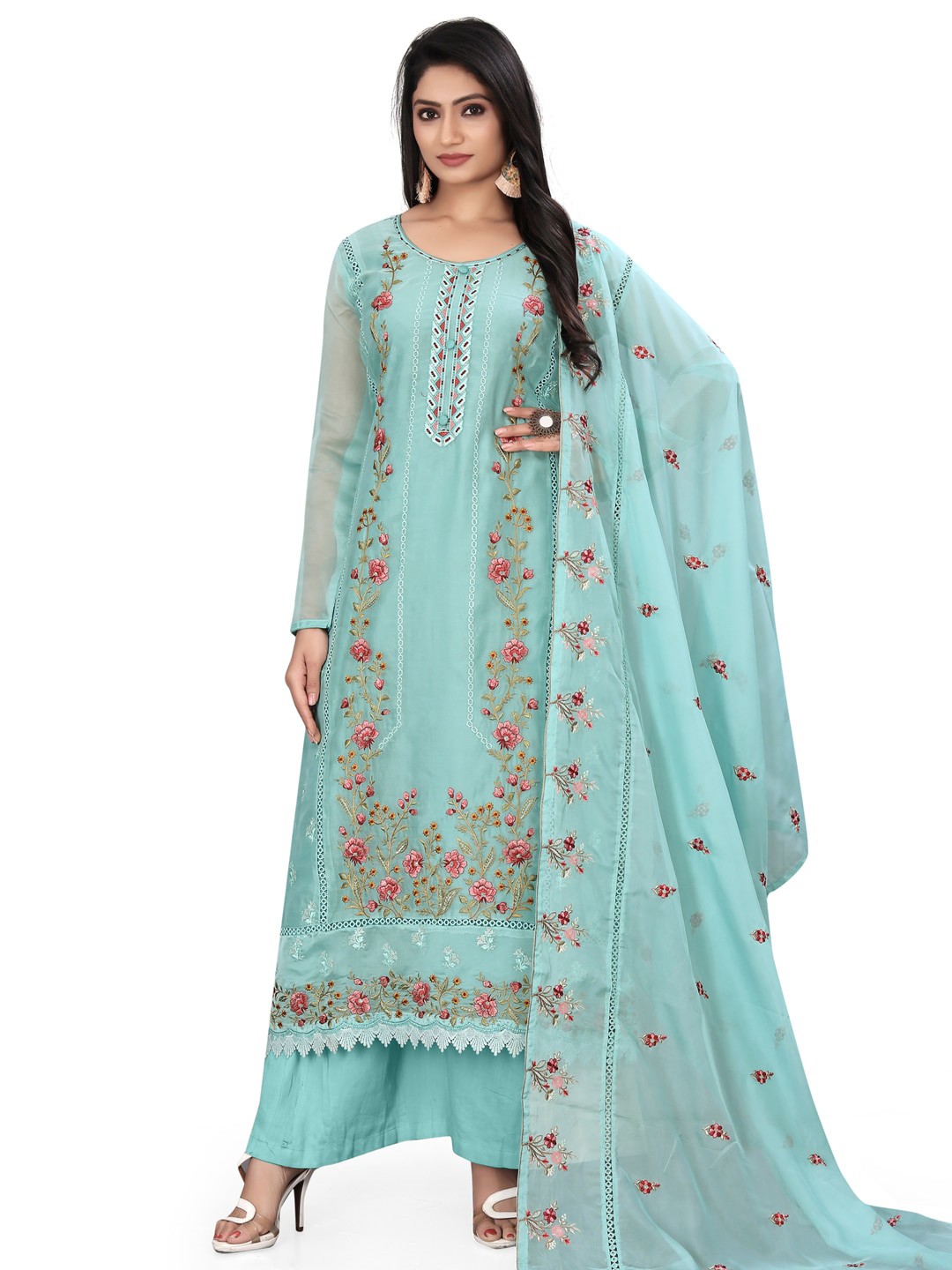 

Stylee LIFESTYLE Floral Embroidered Organza Unstitched Dress Material, Turquoise blue