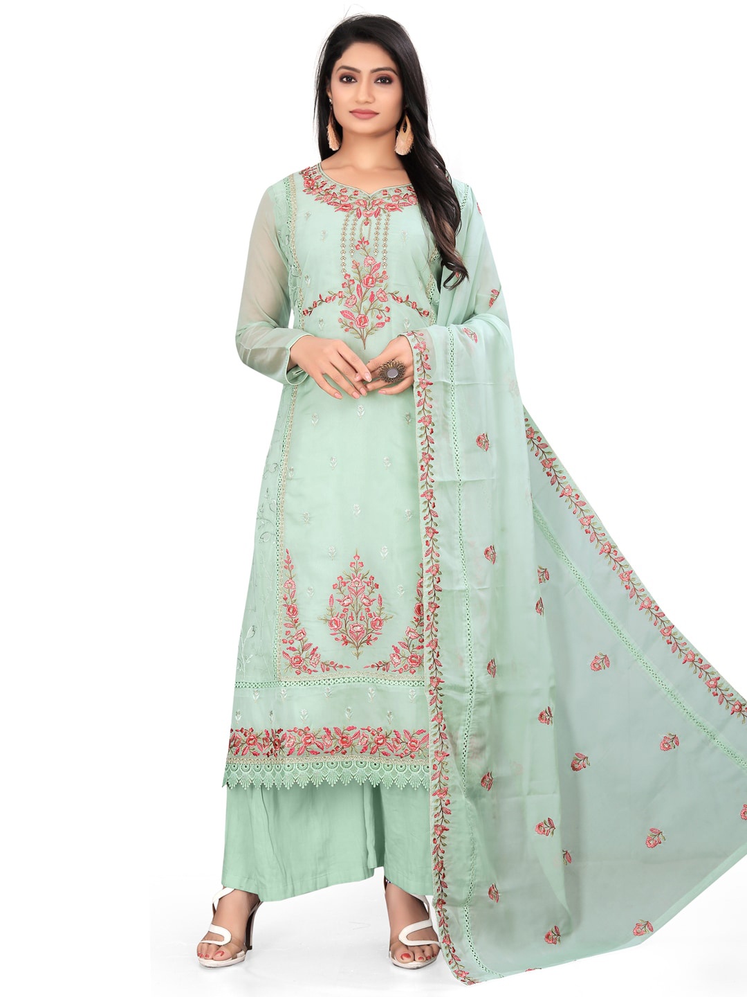 

Stylee LIFESTYLE Floral Embroidered Organza Unstitched Dress Material, Sea green
