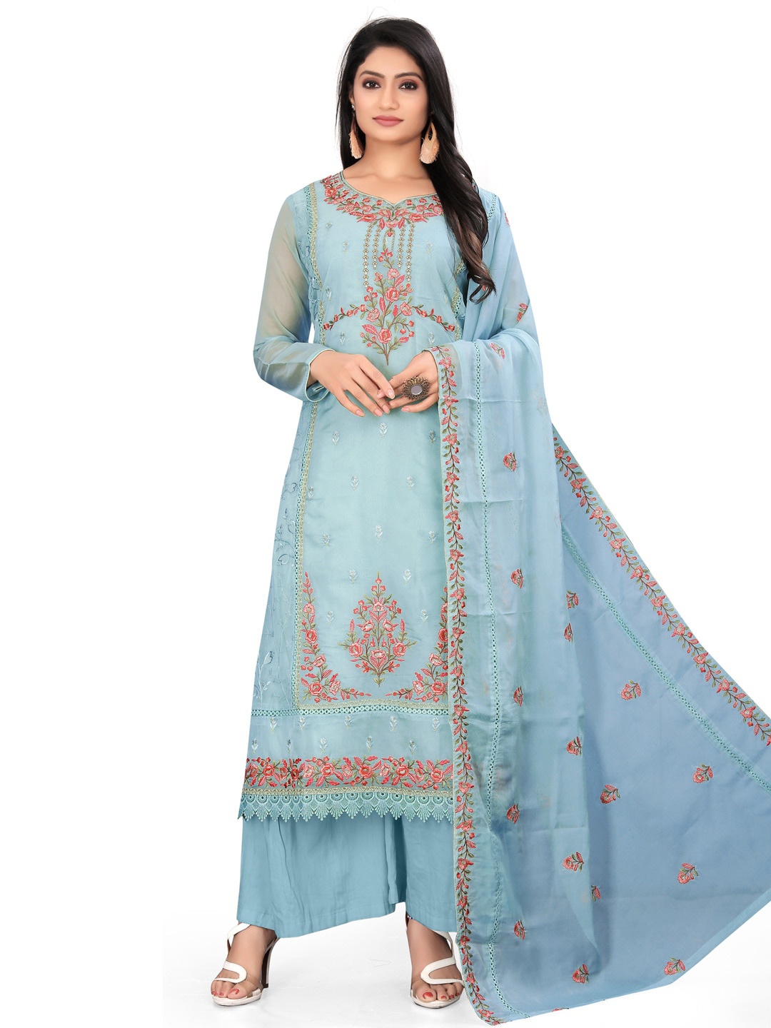 

Stylee LIFESTYLE Floral Embroidered Organza Unstitched Dress Material, Blue