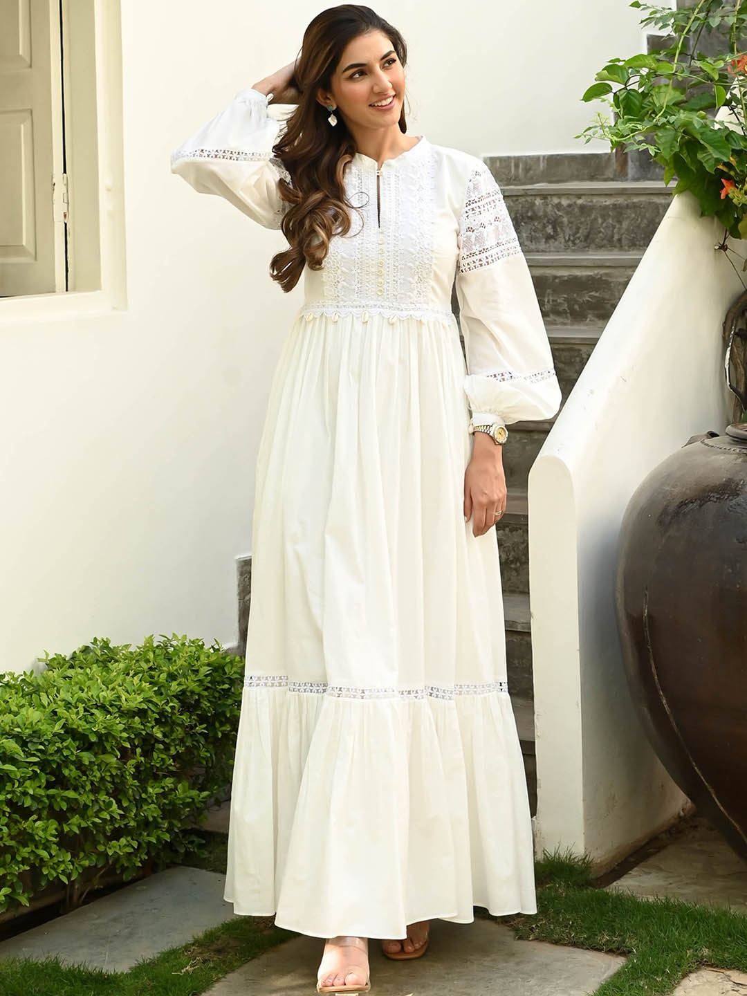 

Bunaai Mandarin Collar Bishop Sleeves Lace Inserted Cotton Maxi Dress, White