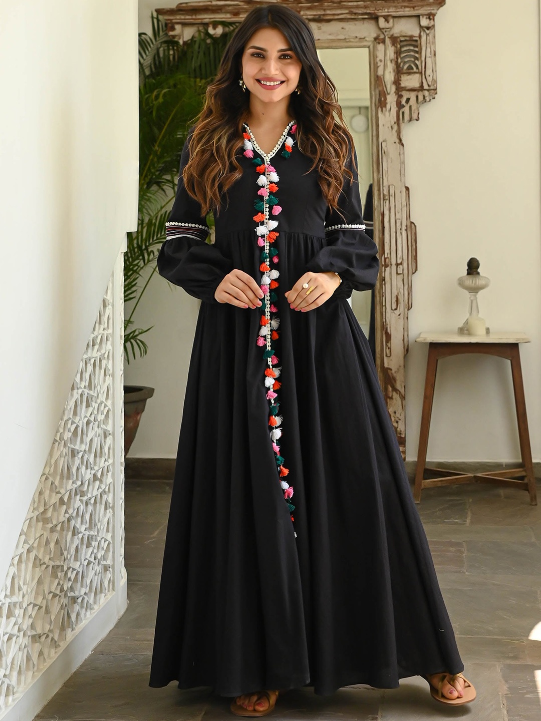 

Bunaai Cotton Fit & Flared Ethnic Dress, Black