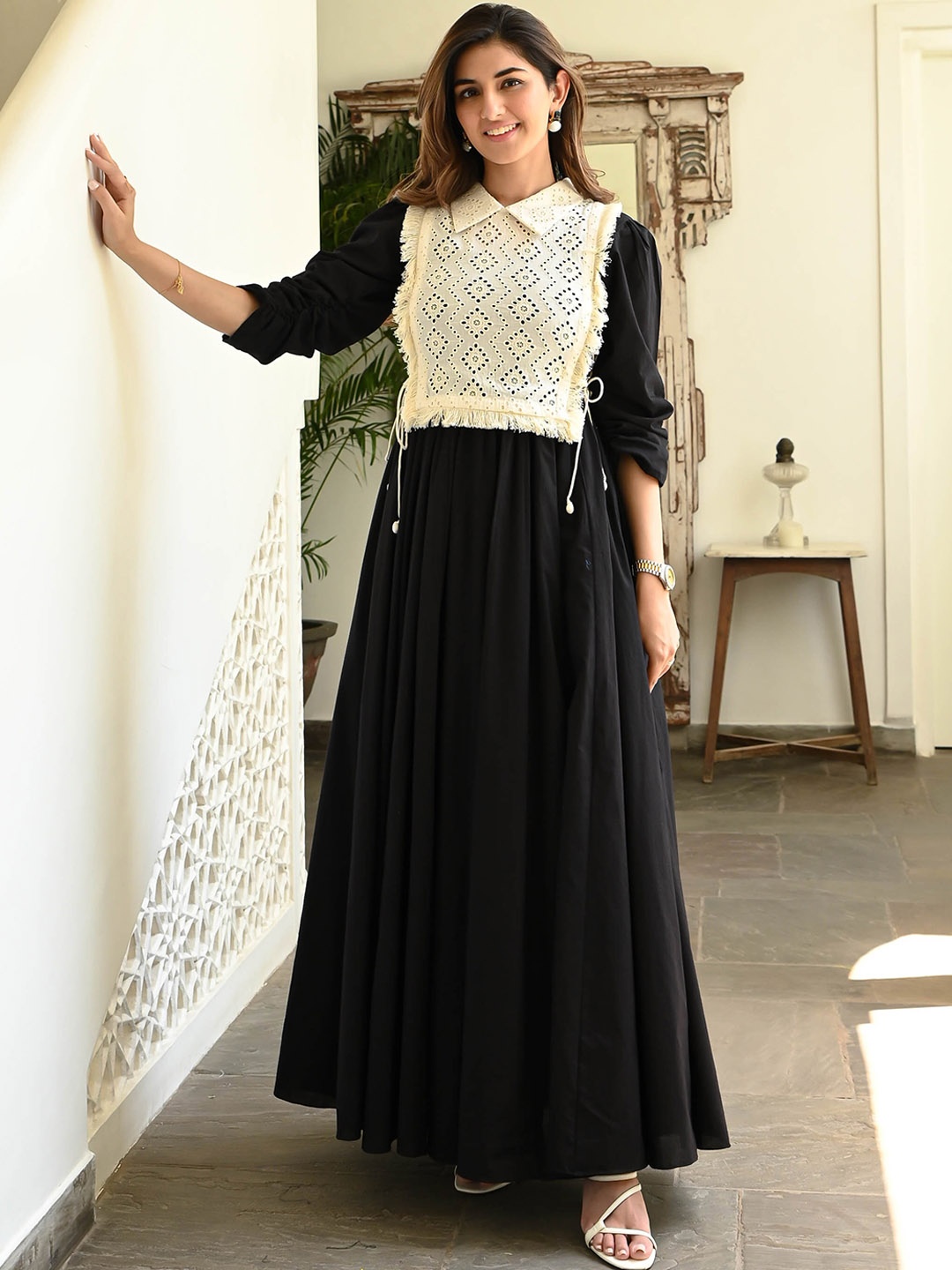 

Bunaai Cotton Fit & Flared Maxi With Schifli Coverup Dress, Black