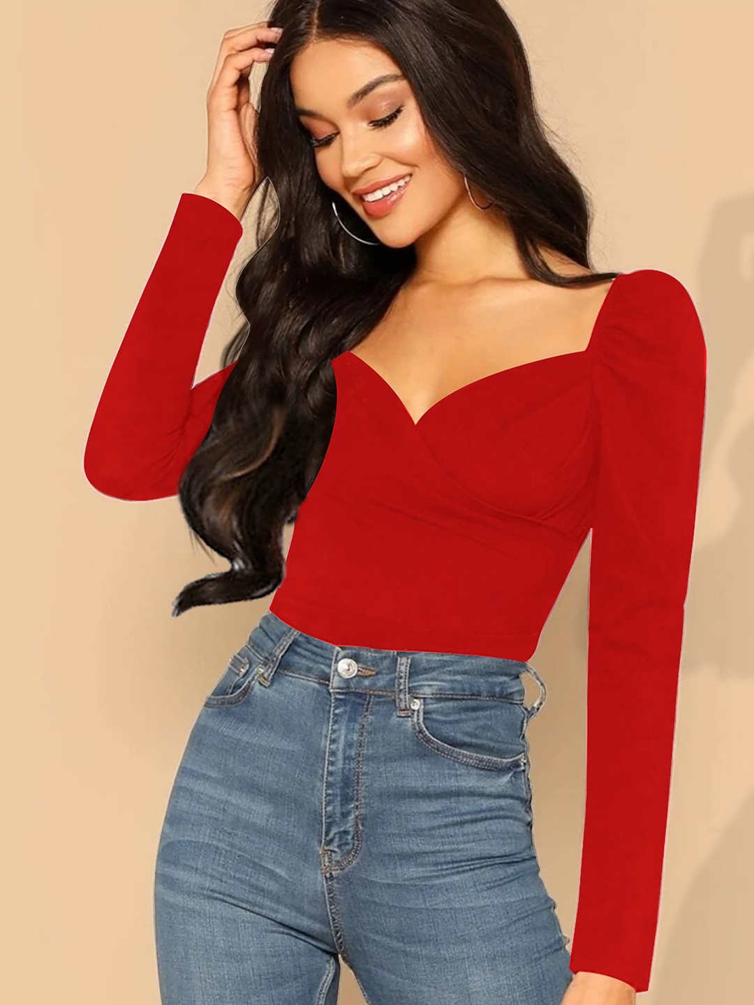 

Dream Beauty Fashion Sweetheart Neck Puff Sleeves Gathered Top, Red
