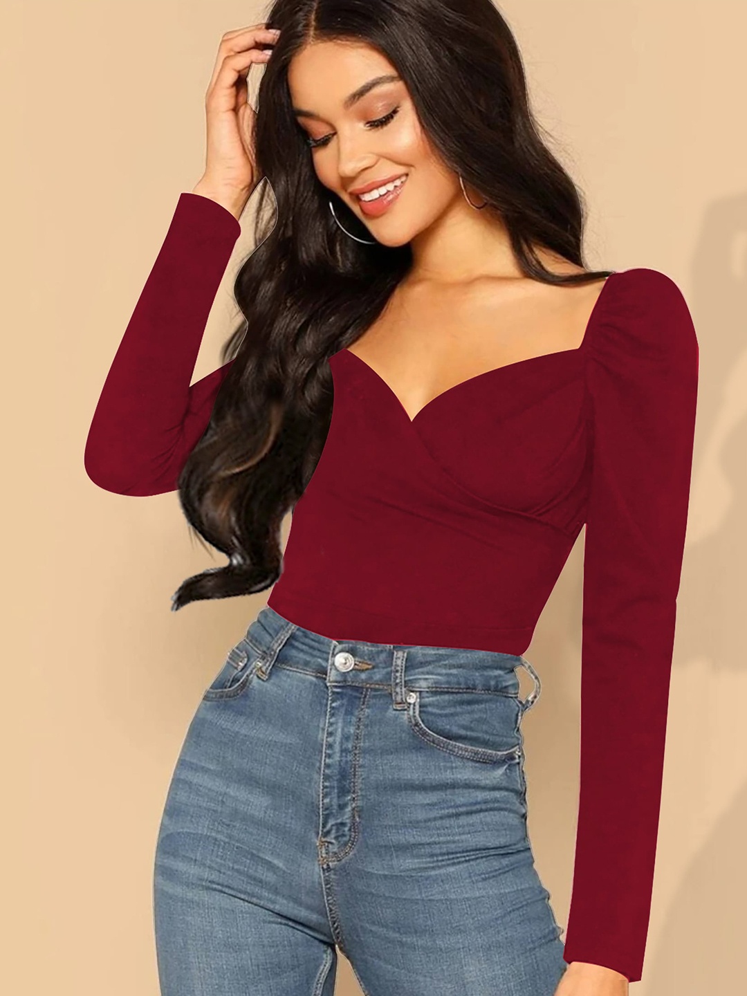 

Dream Beauty Fashion Sweetheart Neck Long Sleeves Top, Maroon