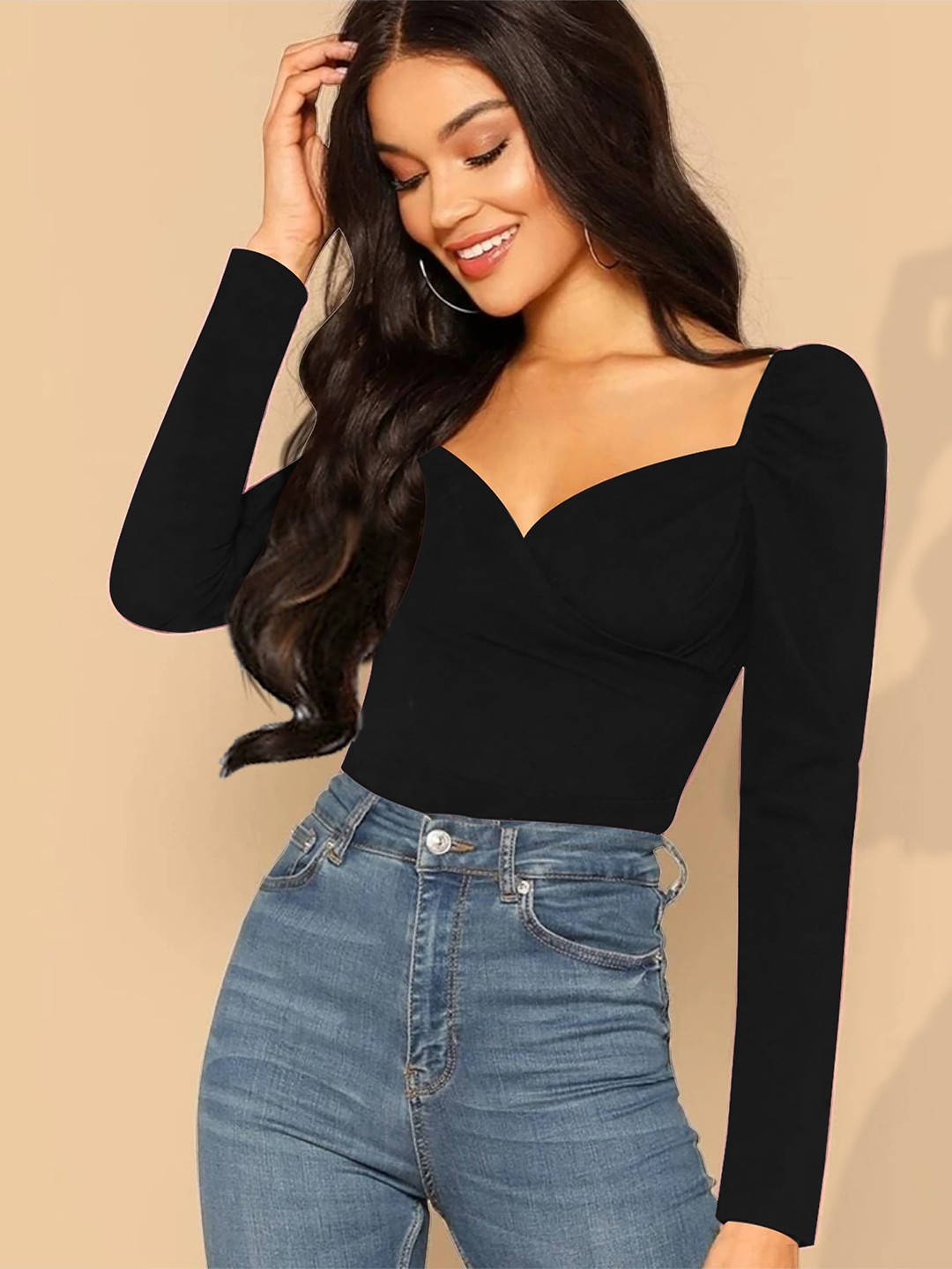 

Dream Beauty Fashion Sweetheart Neck Puff Sleeves Top, Black