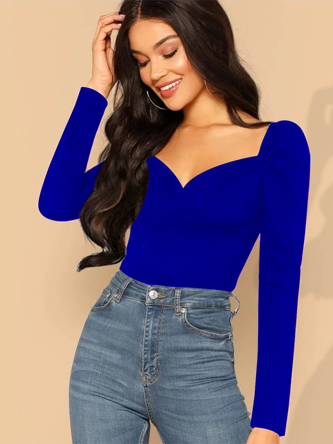 

Dream Beauty Fashion Sweetheart Neck Puff Sleeves Gathered Top, Blue