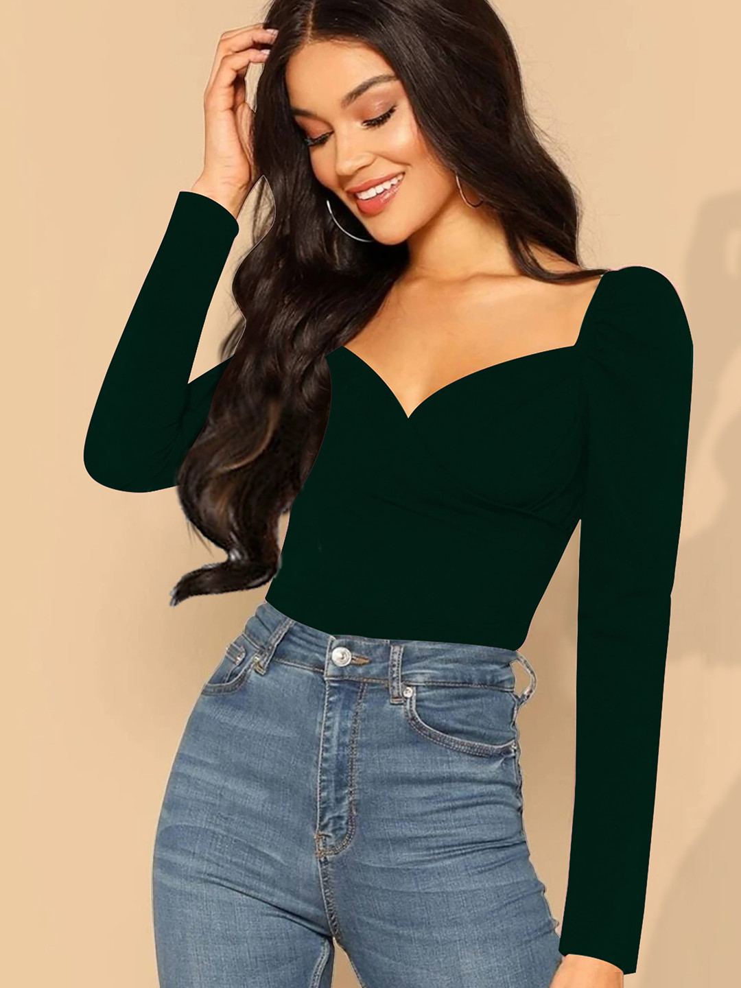 

Dream Beauty Fashion Sweetheart Neck Puff Sleeve Long Sleeve Gathered Regular Top, Green