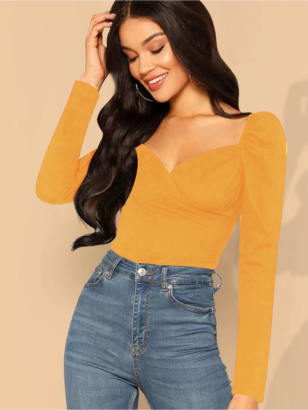 

Dream Beauty Fashion Sweetheart Neck Puff Sleeves Gathered Top, Yellow