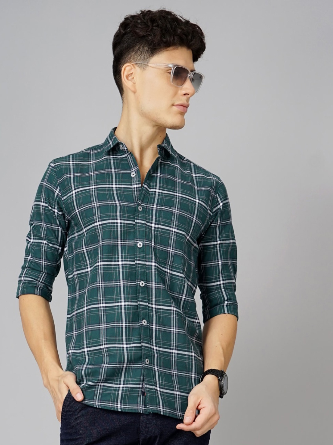

PAUL STREET Tartan Checks Spread Collar Cotton Casual Shirt, Green