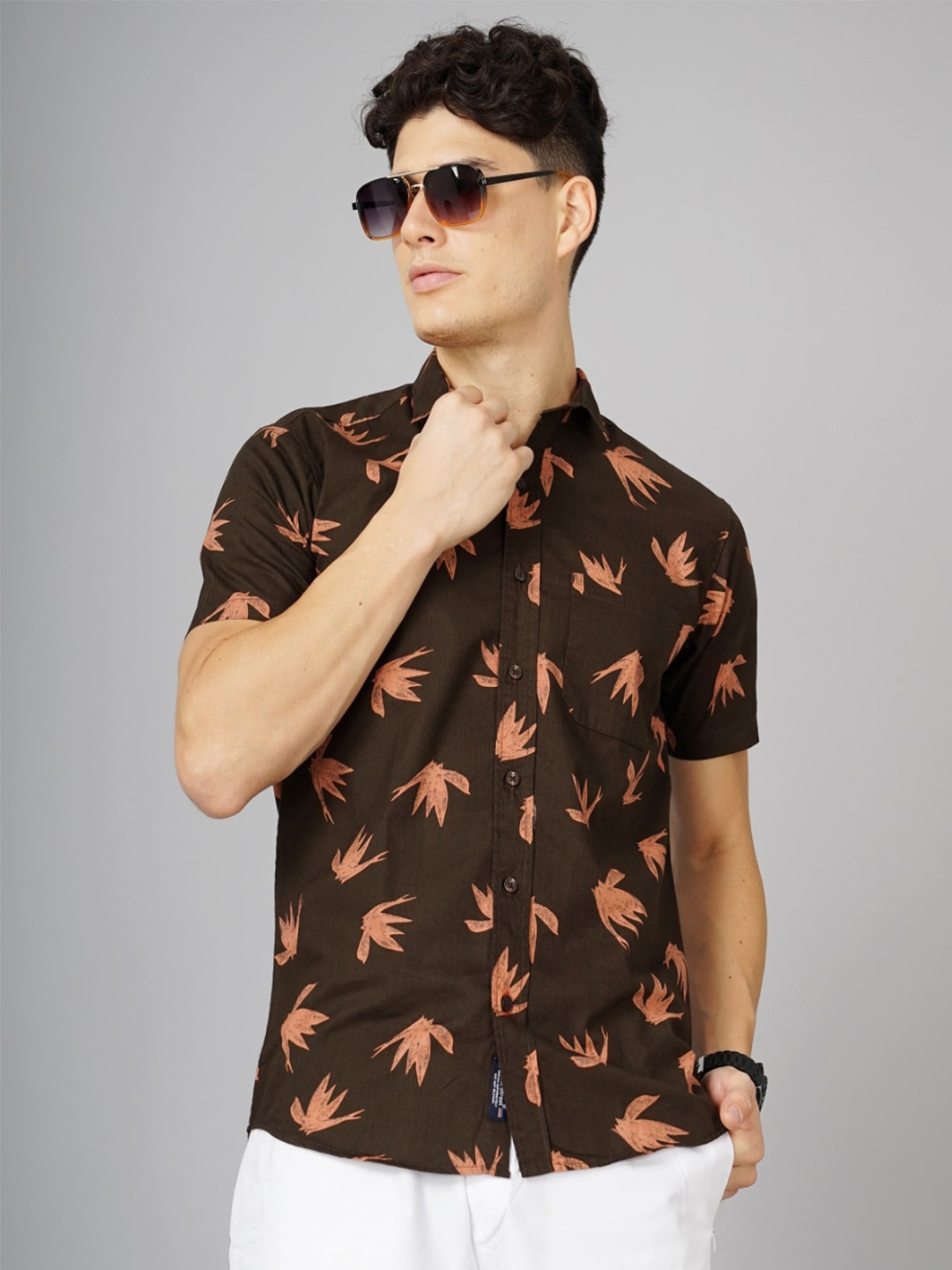 

PAUL STREET Floral Printed Spread Collar Cotton Casual Shirt, Brown
